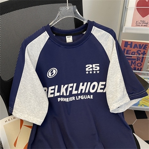 C353-P26 2024夏季新款拼接撞色短袖T恤男美式高街宽松体恤 现货图片