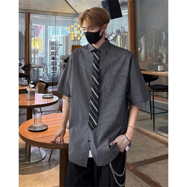 细格子短袖衬衫5XZ1030-TP5588学院风韩系小清新翻领衬衣男,男装衬衫,电商A102