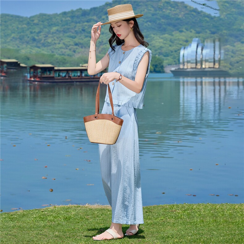 蓝色气质木耳边套装女夏季2026新款无袖上衣直筒宽松裤两件套裤,女装套装/套裙,梦懿尔