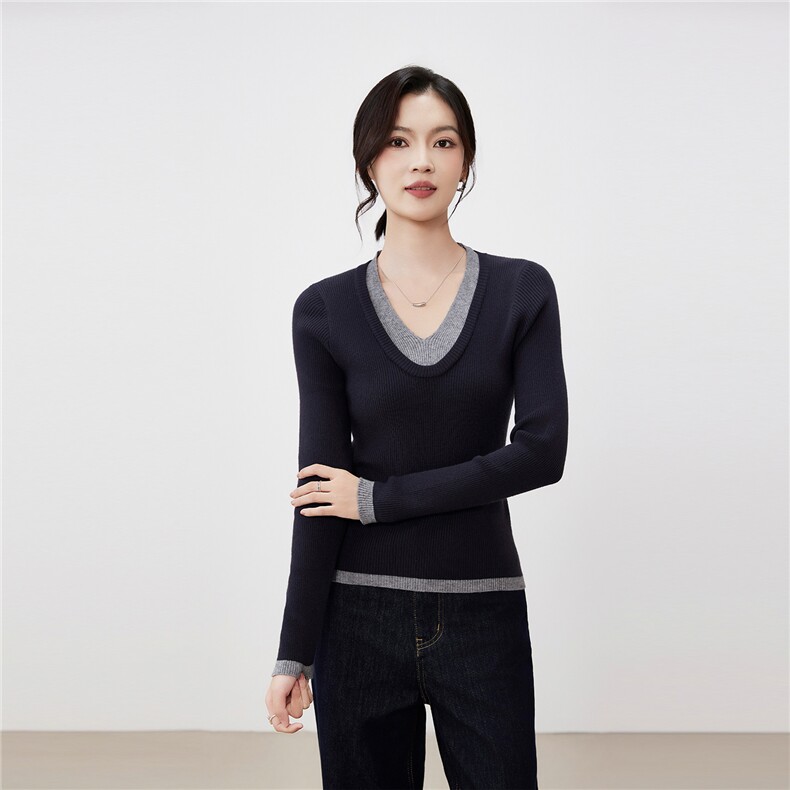 2025年秋季新款假两件针织女士上衣时尚休闲通勤百搭，女装针织衫/毛衣，硕诚羊绒