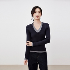 2025年秋季新款假两件针织女士上衣时尚休闲通勤百搭，女装针织衫/毛衣，硕诚羊绒