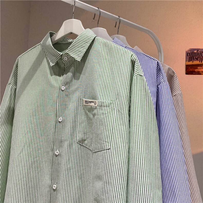 秋新品条纹长袖衬衫男女休闲情侣宽松秋款衬衣外套CS15-P40,男装衬衫,星座222-7