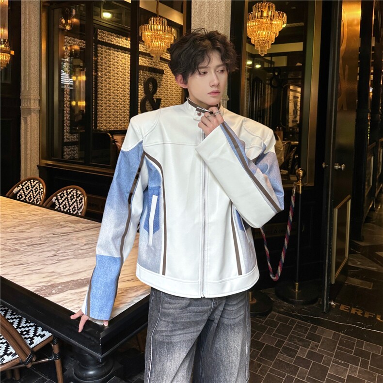 春秋立领皮衣夹克男女炸街牛仔拼接JK8571-P82,男装皮衣,星座1109-4