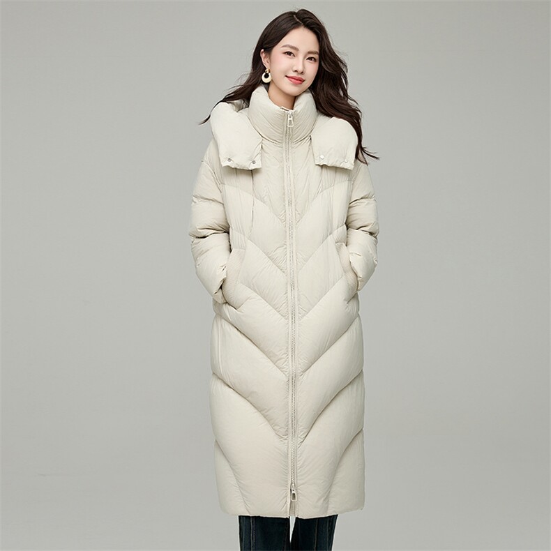 长款御寒连帽羽绒服女冬季加厚简约百搭保暖90白鸭绒外套,女装羽绒服,阿舍尔精品