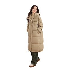 卡其色长款过膝羽绒服女2024冬季新款韩版宽松时尚加厚白鸭绒外套，女装羽绒服，奕可儿