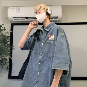 牛仔衬衫男短袖韩版潮流贴标帅2025夏季新款ins宽松外套CY281-P51图片