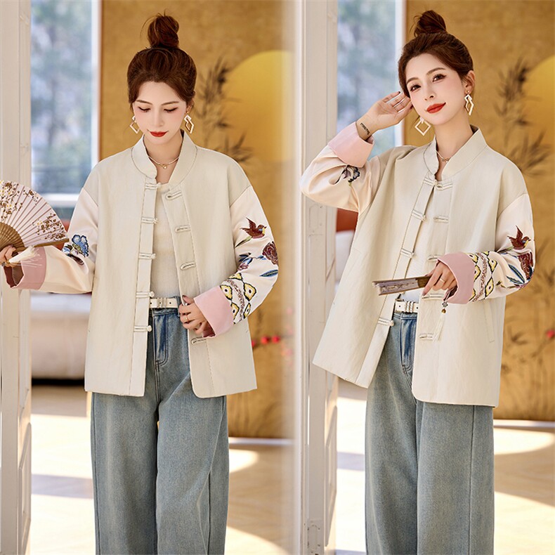 2025新款春秋季中国风刺绣盘扣外套女改良唐装立领复古新中式潮流，女装短外套，玖莱伊