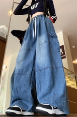 秋季新款港风美式拼接款oversize阔腿拖地休闲牛仔裤ZK3830-P40，男装牛仔裤，星座313A(原308A-2)