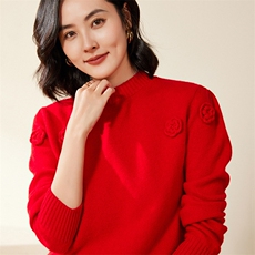 时尚新款女装红色羊毛毛衣优雅花朵装饰舒适百搭款，女装羊毛衫，北娇羊绒