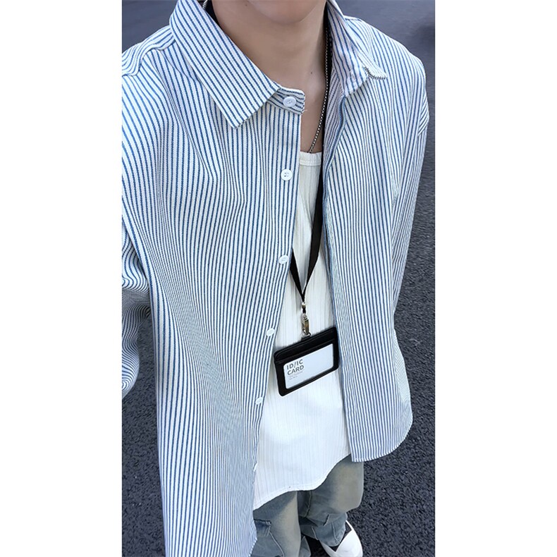 蓝色条纹衬衫男生秋季复古翻领长袖衬衣cleanfit港风情侣休闲外套,男装衬衫,电商A007