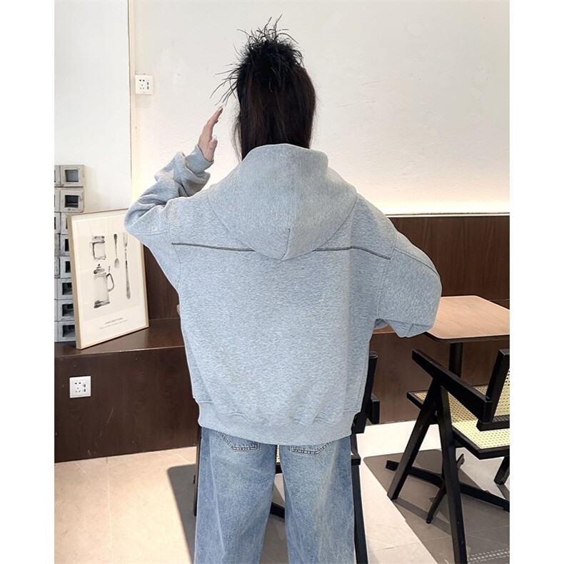 抖音得物高品质秋冬美式高街重磅结构辑明线纹理连帽卫衣外套W111,女装短外套,电商A486-1