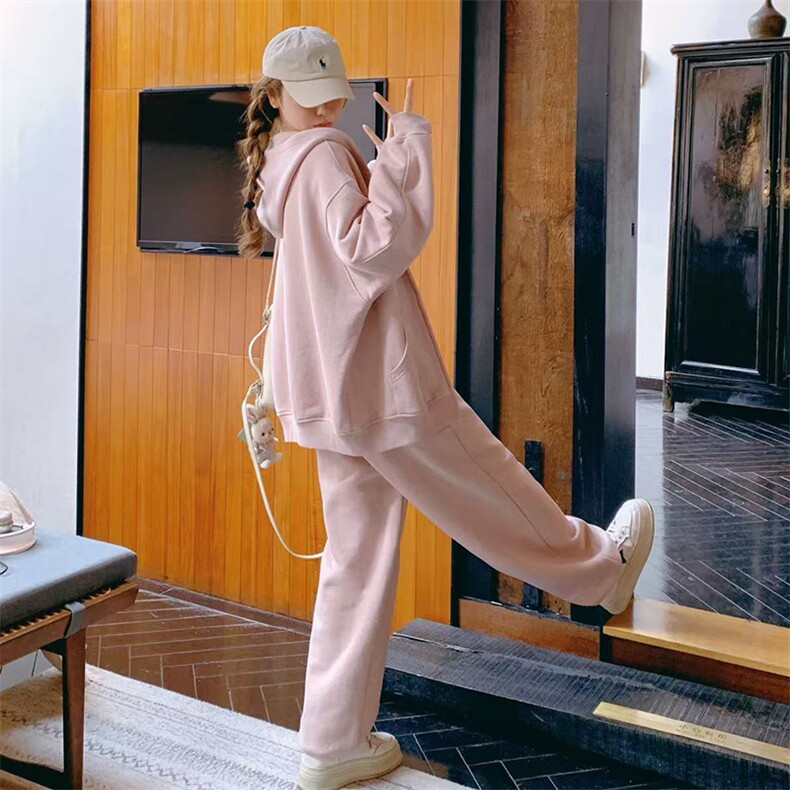 韩系穿搭粉色运动连帽卫衣套装女春秋超火好看高级感休闲裤两件套,女装套装/套裙,2C037