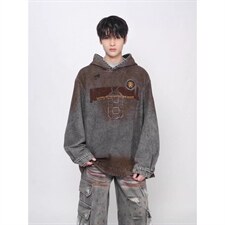 W11131-P88网图现货高品质春季新款复古做旧刺绣连帽套头卫衣，男装卫衣，星座1608