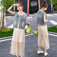 欧洲站2025春夏新款单排扣牛仔马甲背心+蕾丝镂空连衣裙两件套装，女装套装/套裙，依如秀(原杭风阁)