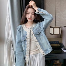 蕾丝拼接牛仔外套女2025春季新款今年流行超火小个子百搭夹克上衣，女装短外套，2C129