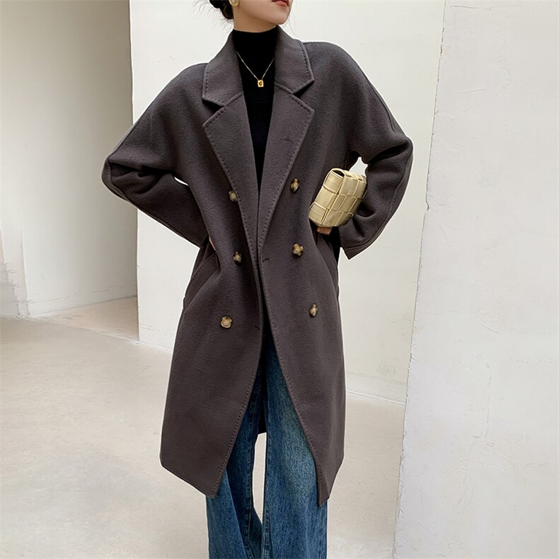801唐晶双面羊绒大衣女100羊毛中长款宽松茧型过膝赫本风呢外套,女装双面呢大衣,鹿展羊绒大衣