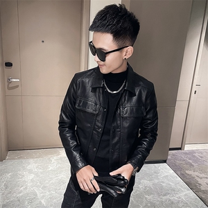 短款工装翻盖口袋皮衣男外套秋冬季男士皮夹克   P9803-P115绒125图片