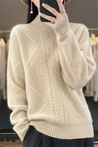 半高领加厚女秋冬款菱形扭花宽松针织毛衣打底羊绒衫图片