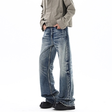 01深海蓝宽松直筒牛仔裤猫须蜂窝通勤长裤男XZ211-1-K2609-P55，男装牛仔裤，星座211-1