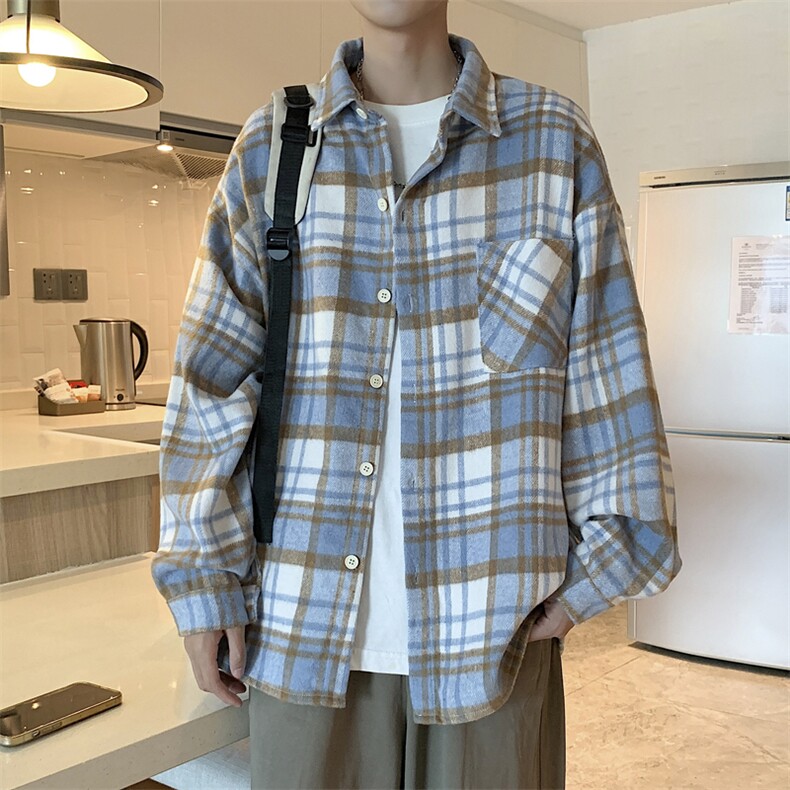 高品质秋款男长袖衬衫毛呢条纹格子拼色纯棉外套CS82P40,男装衬衫,星座1013-1
