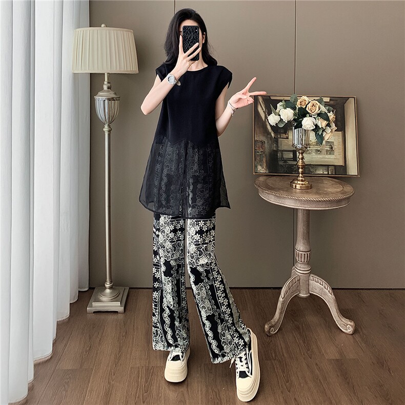 设计感小众时尚气质套装女夏圆领网纱拼接无袖上衣碎花长裤两件套图片