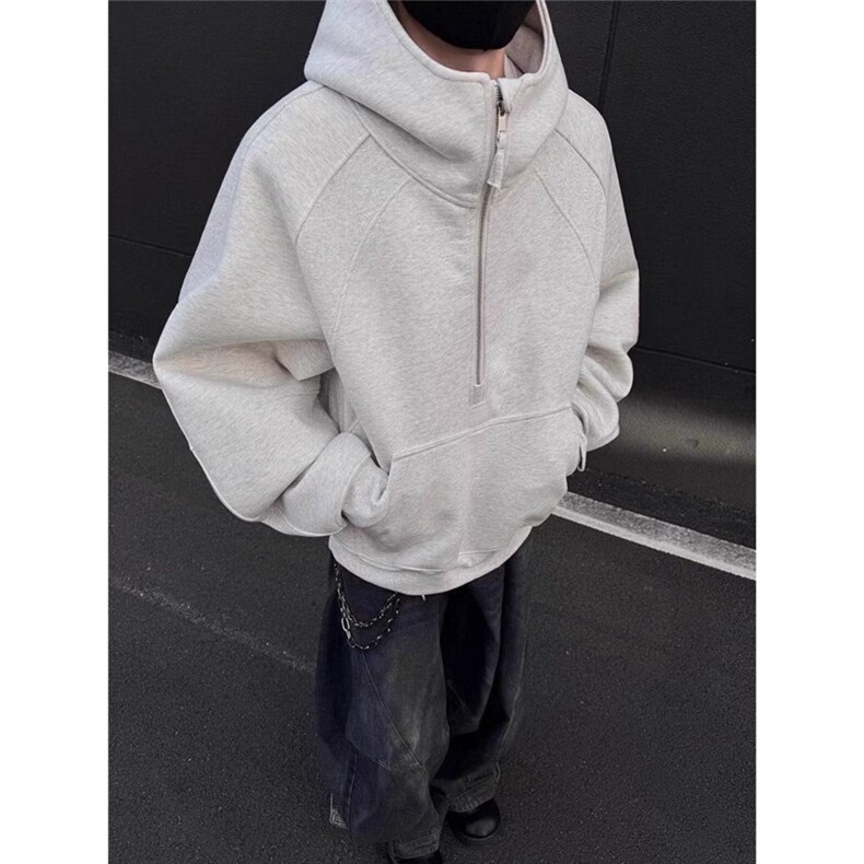 1014-1-AW55美式潮流半拉链连帽重磅套头卫衣解构纯色宽松男女，男装卫衣，星座1014-1