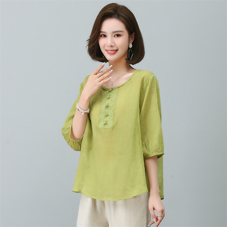 苎麻衬衫女夏季2023年新款时尚宽松洋气中年妈妈气质休闲薄款上衣,女装T恤,希欧阁
