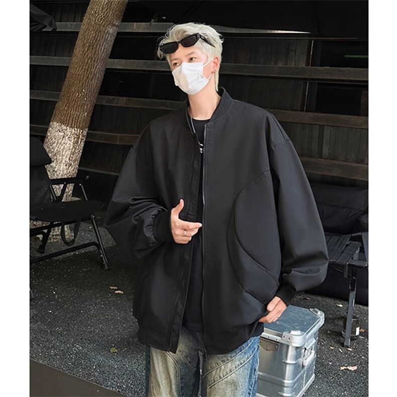 美式高街复古老钱风夹克冲锋衣男女纯色休闲宽松棒球立领飞行外套图片