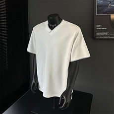 假模现货V领手工缝织垫肩美式潮流宽松短袖T恤A071-T65-P40，男装T恤，电商A071