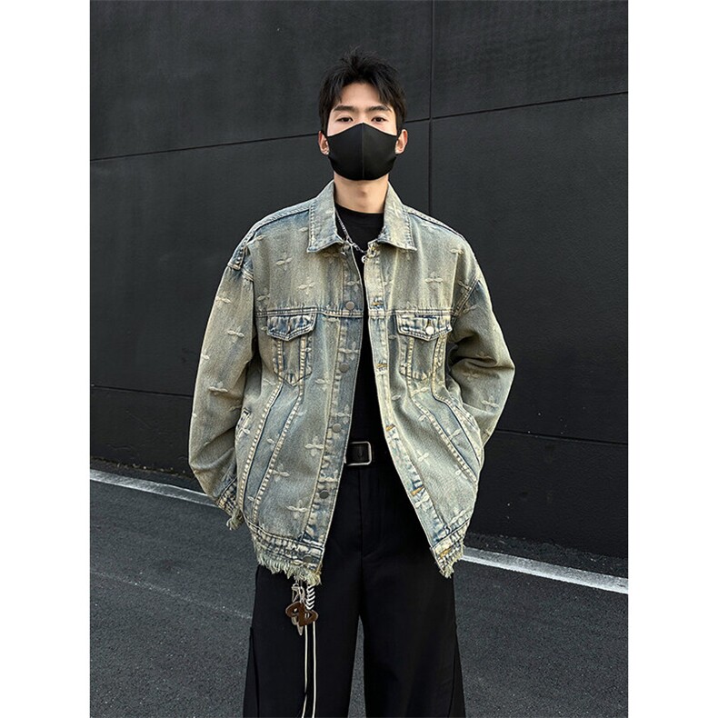 得物二开美式复古拼色翻领夹克水洗做旧宽松休闲外套JK1176-P88,男装夹克,星座1103-3