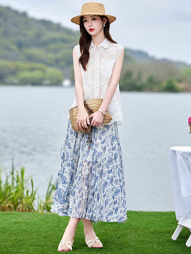 2026年夏季刺绣棉麻小衫印花裙套装,女装套装/套裙,魅丽静蓝