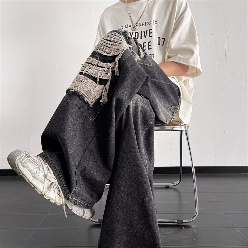 美式街头做旧贴布破洞牛仔裤男女潮牌ins嘻哈宽松阔腿裤NK501-P45，男装牛仔裤，星座1008