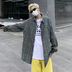 格子衬衫男女款ins潮牌宽松痞帅长袖衬衣帅气春秋外套C08013-P45，男装衬衫，星座308B-2