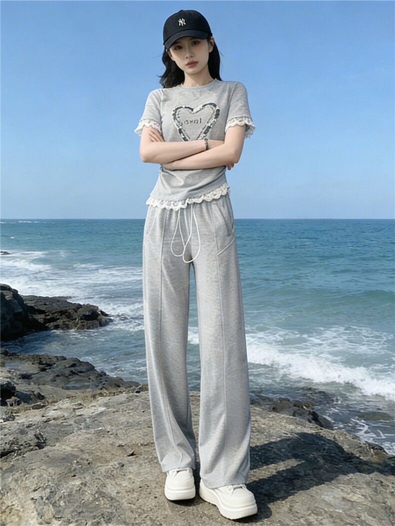 韩版时尚气质套装女夏季新款高级感显瘦短袖上衣宽松阔腿裤两件套,女装套装/套裙,江南