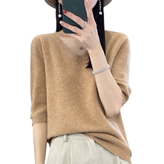 V领时尚套头纯色简约短袖羊毛针织衫2024年秋季，女装羊毛衫，暖圣羊羊绒