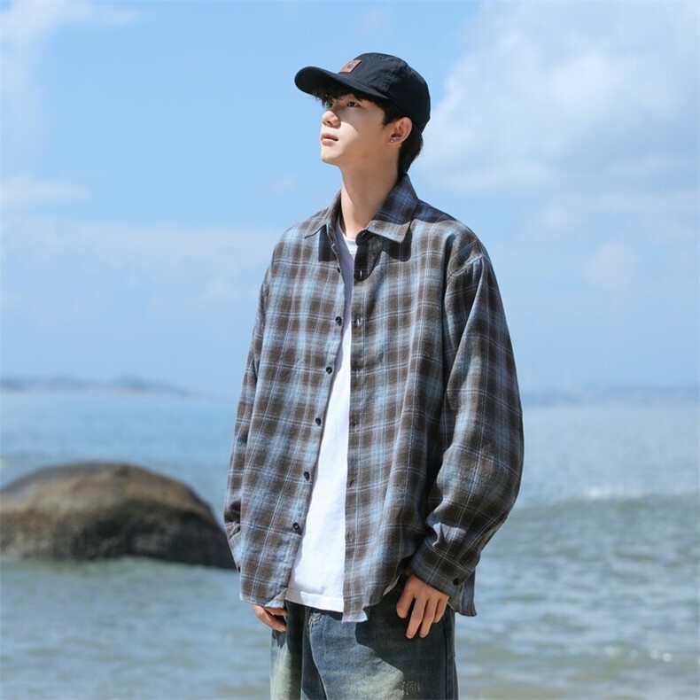 潮流格子衬衫男港风休闲长袖外套青少年男装2382P35,男装衬衫,星座1107-1