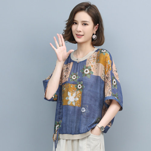 2021夏季时尚简约大方气质优雅收腰显瘦圆领衬衫T恤图片