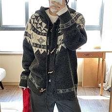 重磅秋冬北极绒开衫毛衣美式复古休闲慵懒风牛角扣针织衫连帽外套，男装针织衫/毛衣，电商A486