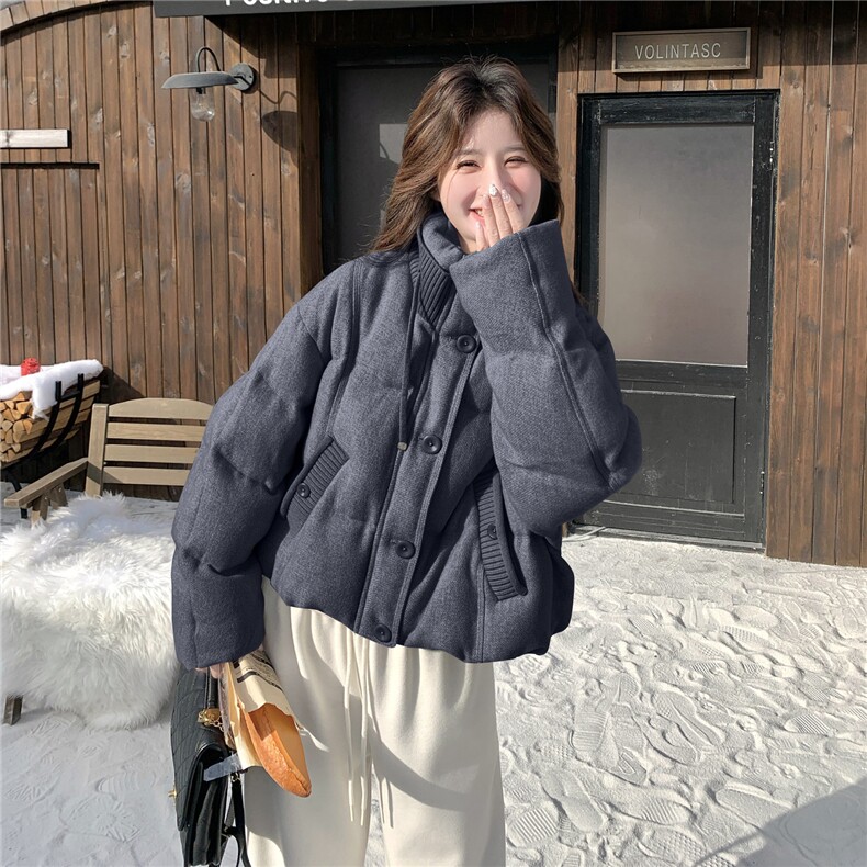 现货立领短款羽绒服女2025冬季新款针织拼接时尚洋气外套90白鸭绒,女装羽绒服,2C159