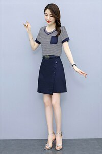 2022夏季新款简约时尚优雅气质V领不规则下摆设计修身两件套图片