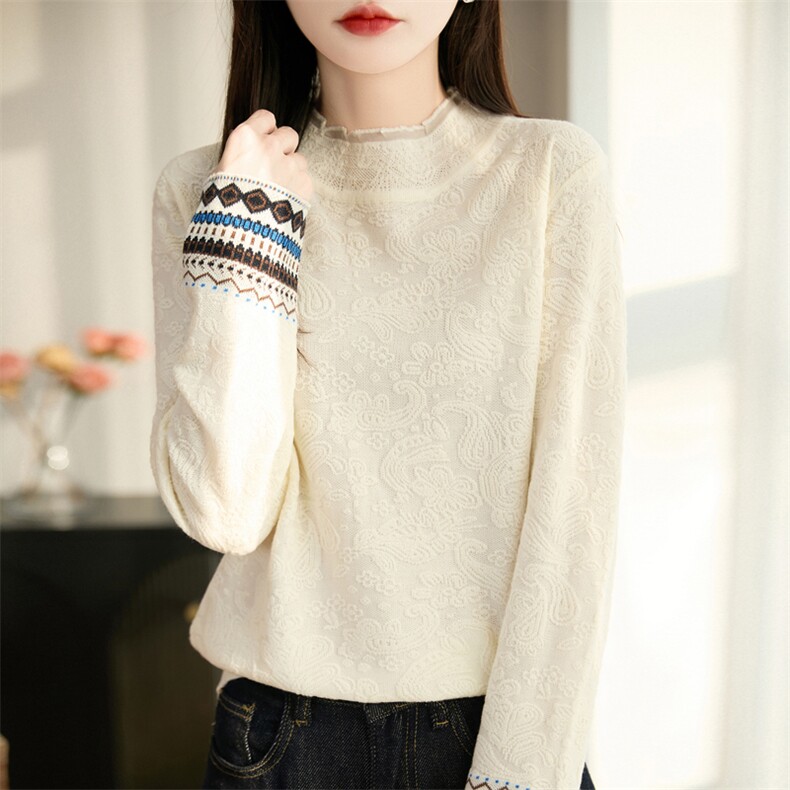 2025年秋季时尚百搭通勤简约休闲蕾丝领提花袖口，女装针织衫/毛衣，源达羊绒