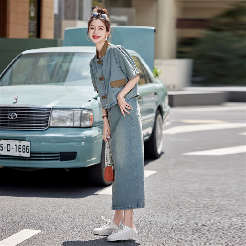 牛仔半身裙套装女2024夏季新款高端欧货搭配一整套洋气减龄两件套,女装套装/套裙,瑶迪依秀