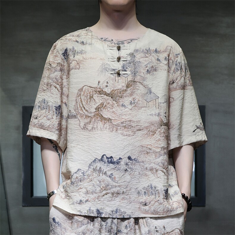 2025夏季新款男装禅服风冰丝印花盘扣唐装短袖T恤C117-P50,男装T恤,电商B277(原6028)