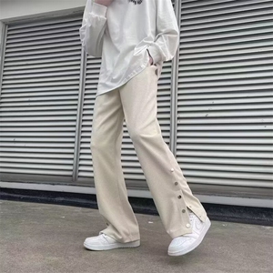 2025春夏季新款直筒裤男潮牌嘻哈设计开叉排扣裤纹理美式运动裤子