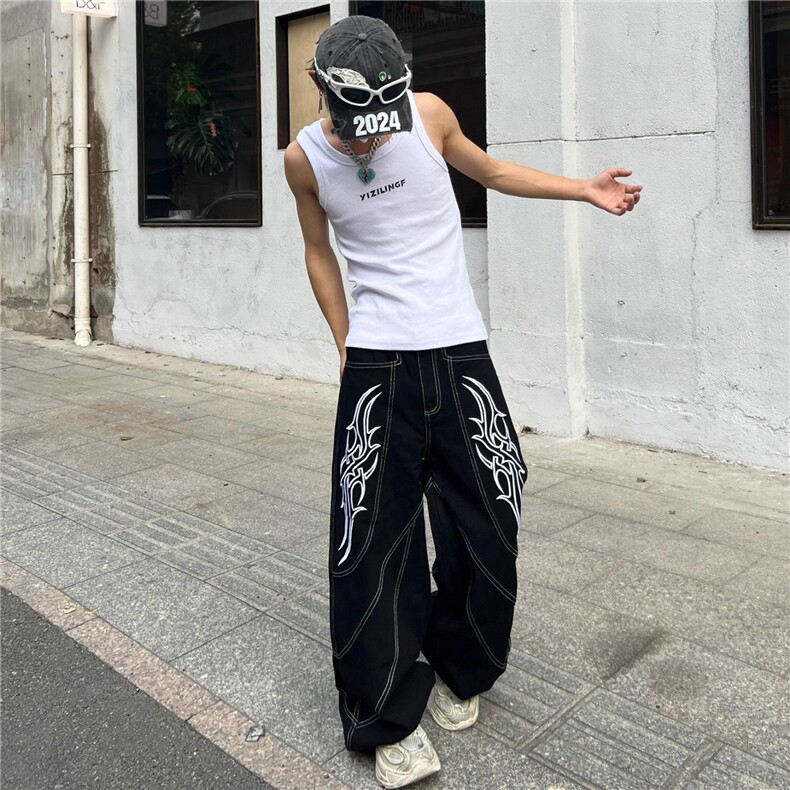 美式解构丹宁弯刀牛仔裤男潮牌可拆卸方巾设计感宽松直筒阔腿长裤,男装牛仔裤,四季星座505
