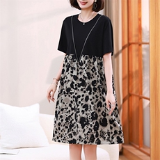 时尚显瘦拼接印花连衣裙夏季新款宽松大码女装裙子，女装连衣裙，梦芯尔