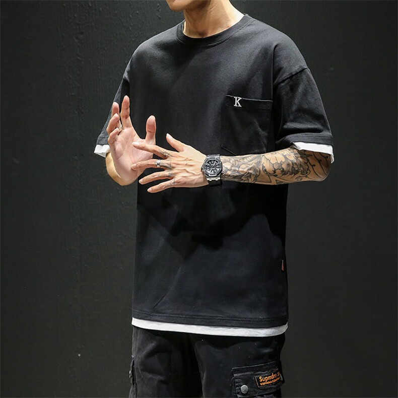 19夏季新款日系复古宽松假两件短袖工装口袋T恤潮牌半袖T302,男装T恤,电商A021A