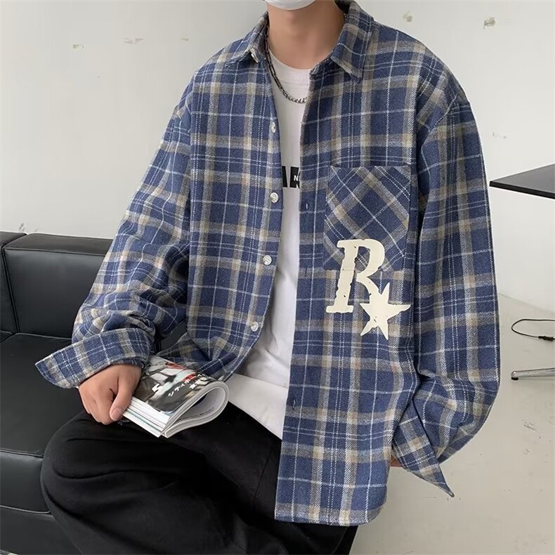 格子衬衫春秋季韩版情侣装美式复古衬衣宽松休闲外套W7001-P40,男装衬衫,星座512-2