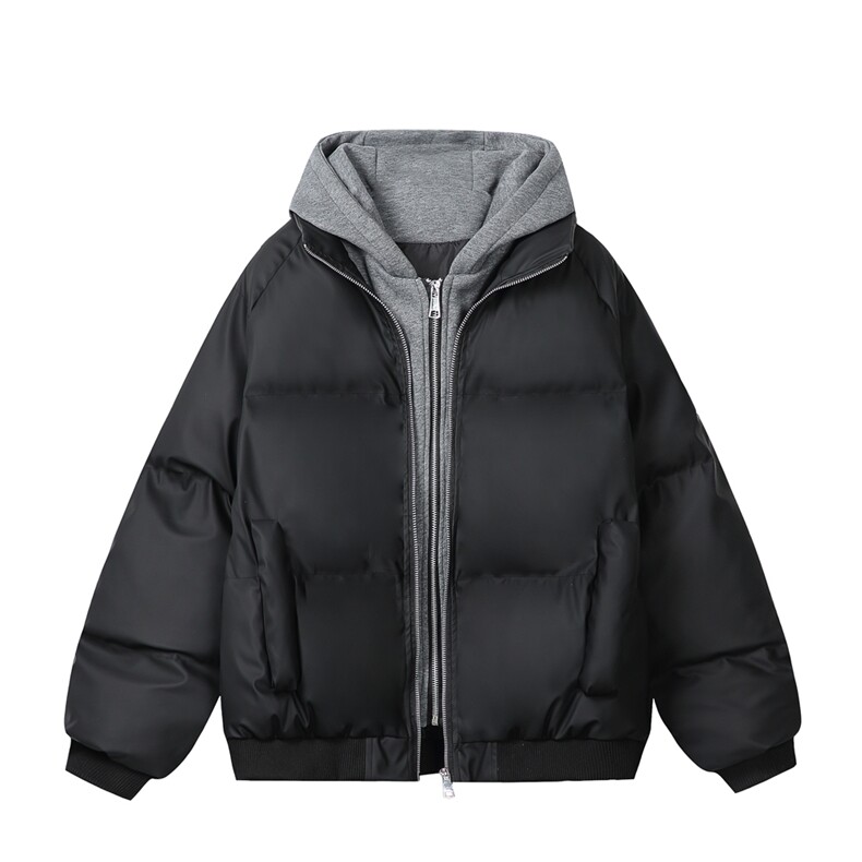 白底美式假两件pu皮短款棉服男款冬季加厚工装棉袄连帽外套特P85,男装皮衣,电商C306-1