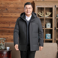 中老年羽绒服男士中长款加厚防寒中年休闲白鸭绒连帽可脱卸外套，男装羽绒服，钱塘6003（原4033）